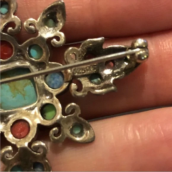 Sterling Silver Turquoise, Coral, Gaspeite Pin - Picture 3 of 4